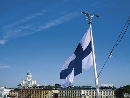 Möwe auf der Finnlandflagge vor dem Dom in Helsinki